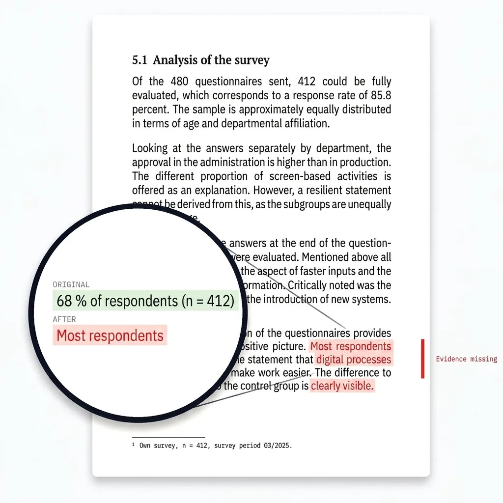 Magnifier on a sentence: the exact figure and the sample size from the original are missing after the rewrite.