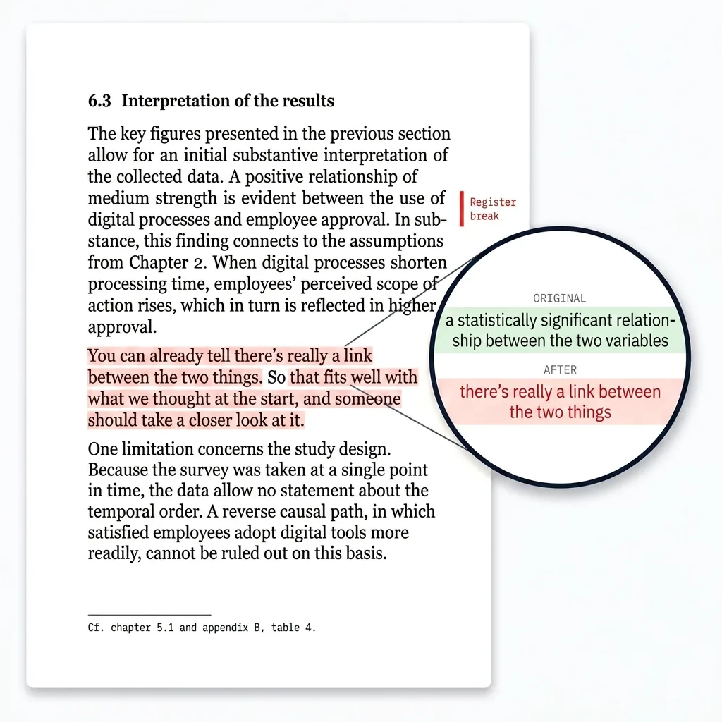 Two versions side by side: the technical wording of the original has been replaced by everyday language.