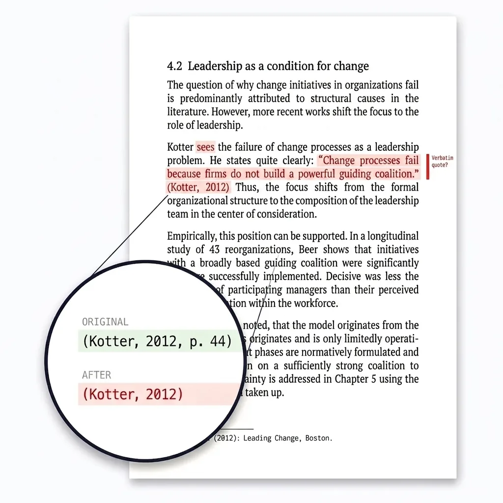 Magnifier on a passage: the original reads (Kotter, 2012, p. 44); after the rewrite the page number is gone.