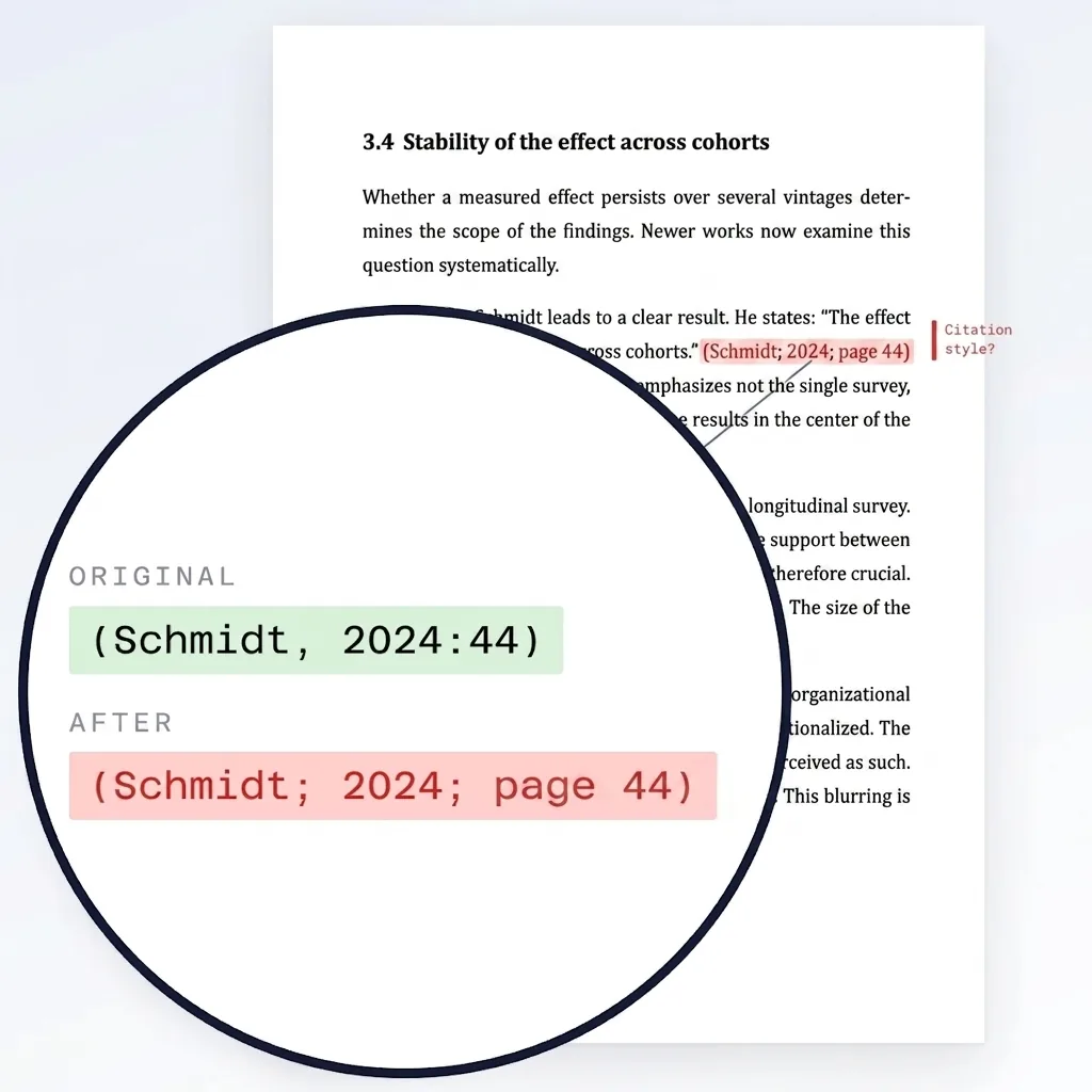 Page of a term paper: the wording of the quotation is unchanged, but the magnifier shows that (Schmidt, 2024:44) became (Schmidt; 2024; page 44) after the rewrite.
