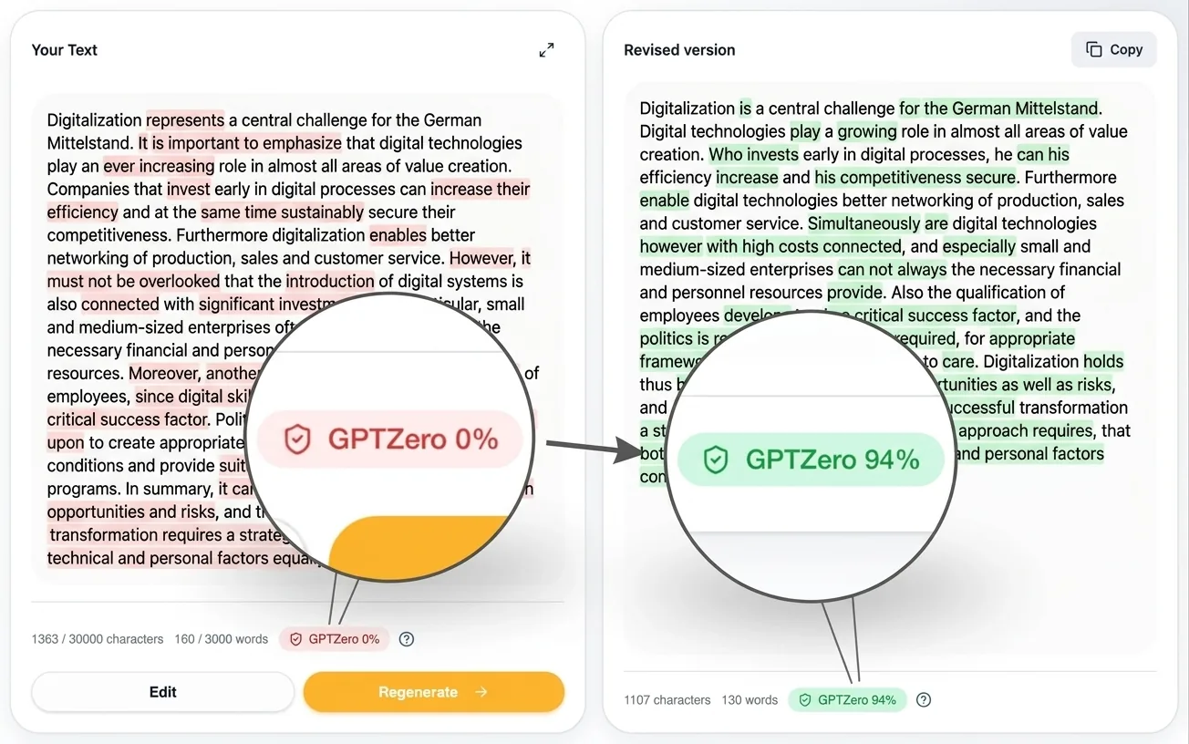 Before and after in the StudyTexter humanizer: on the left a text with GPTZero 0 %, on the right the revised version with GPTZero 94 %.