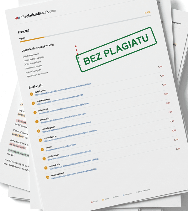 Polski raport antyplagiatowy StudyTexter: przegląd z wynikiem 5,4 %, ustawienia wyszukiwania oraz lista 28 znalezionych źródeł z udziałem procentowym.