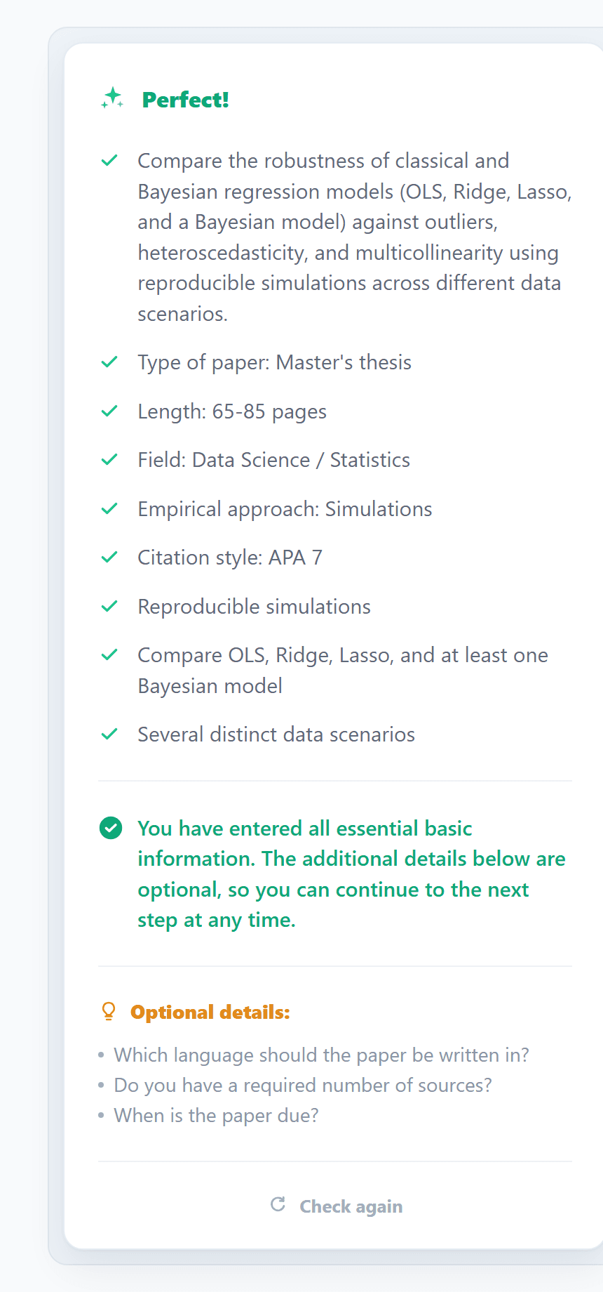 Screenshot of the AI feedback in the Free-form input step