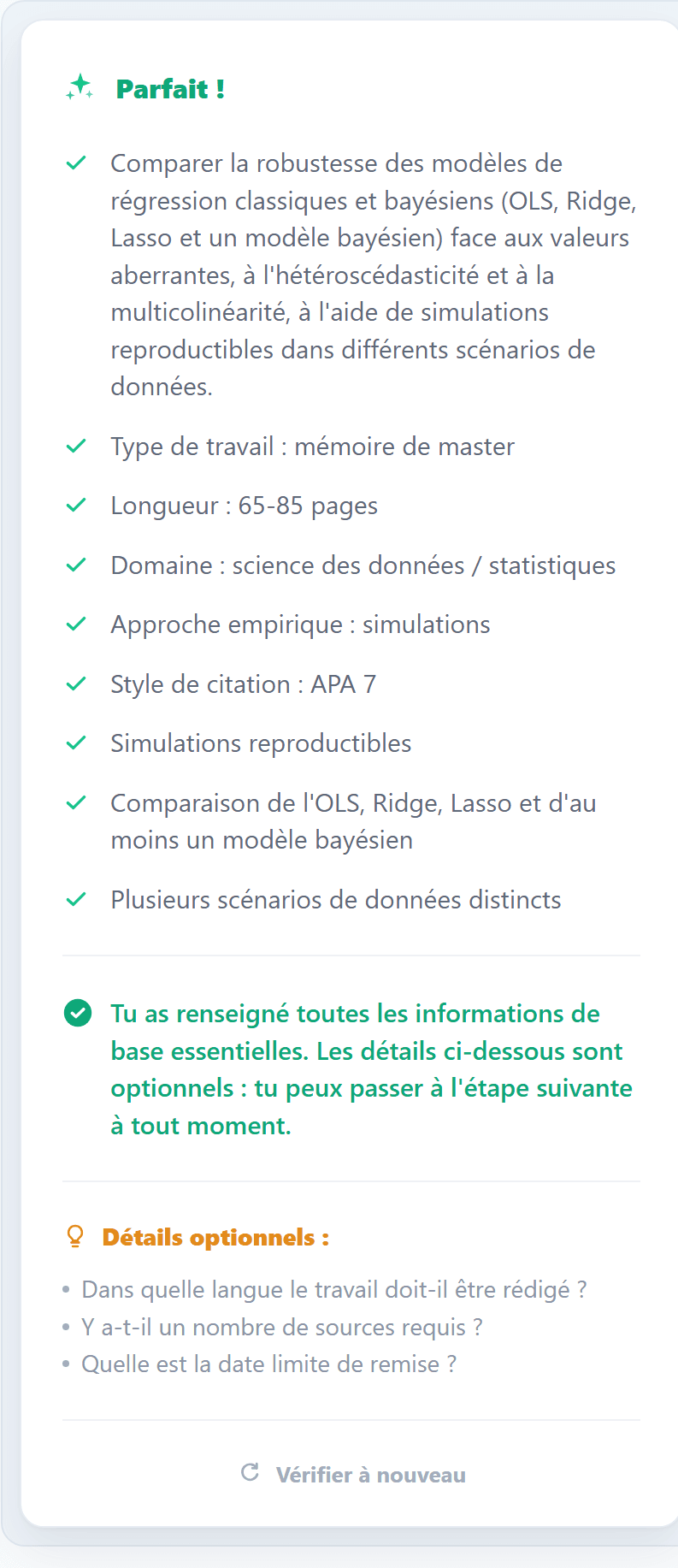 Capture d'écran du retour de l'IA dans l'étape Description libre