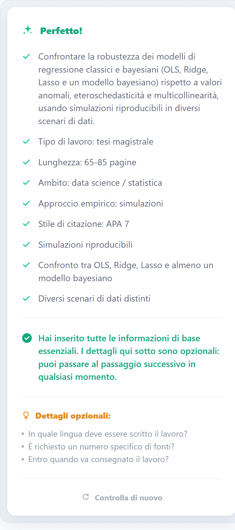 Screenshot del feedback dell'IA nel passaggio Descrizione libera