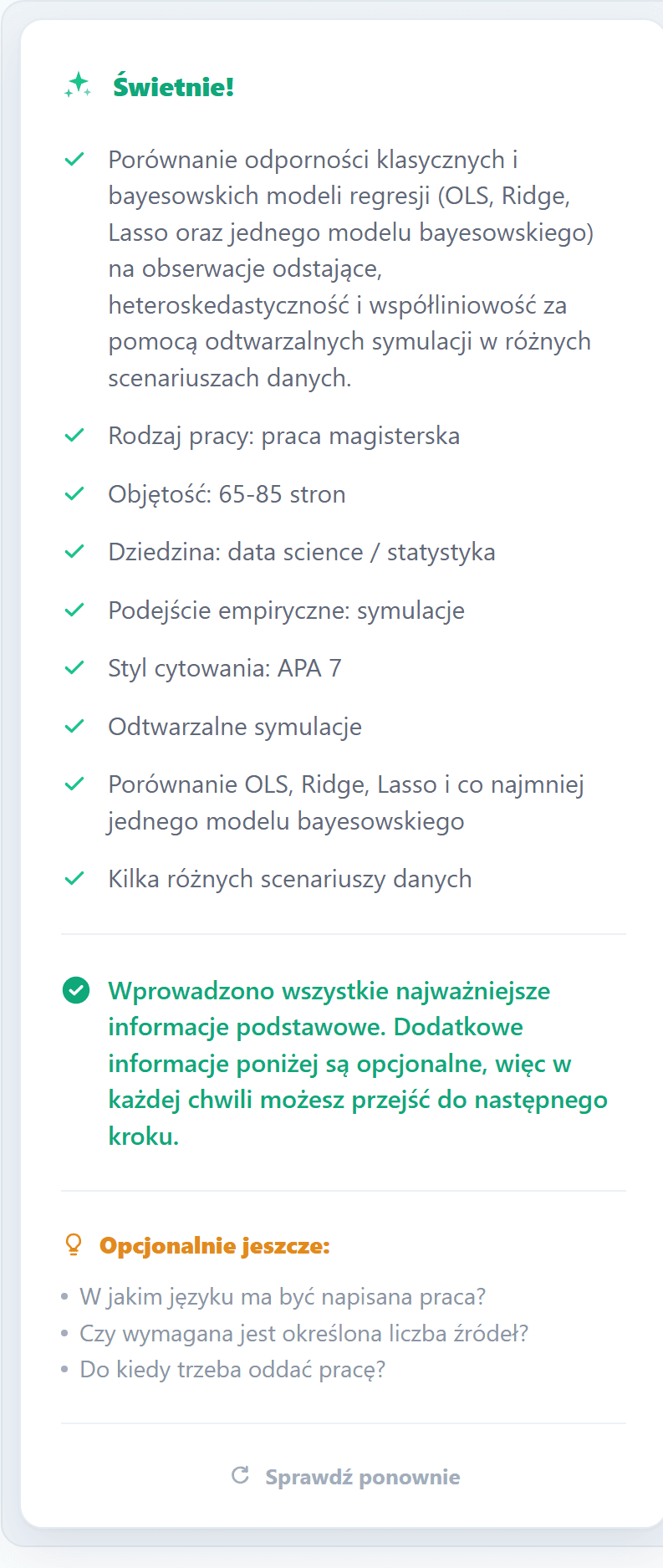 Zrzut ekranu informacji zwrotnej AI w kroku Swobodny opis