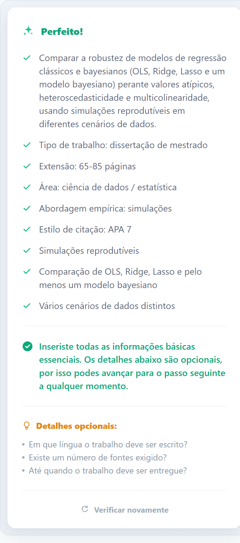Captura de ecrã do feedback da IA no passo Entrada livre