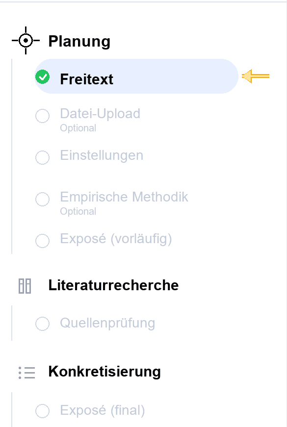 Screenshot des Meilensteins Planung mit dem Schritt Freitext