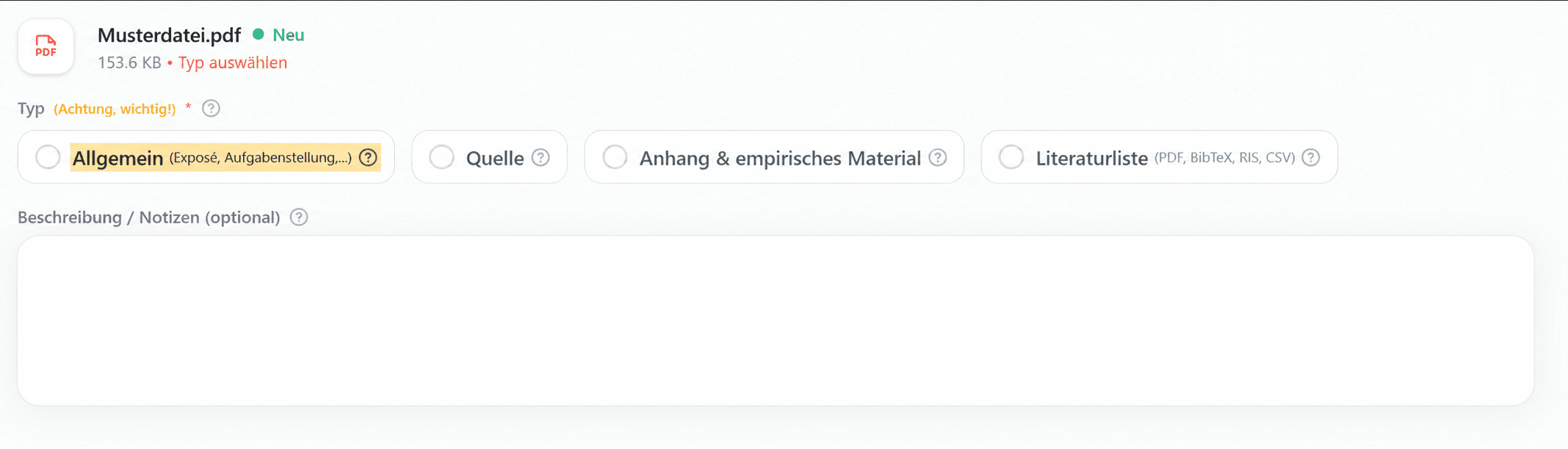 Screenshot im Datei-Upload mit markiertem Dateityp Allgemein