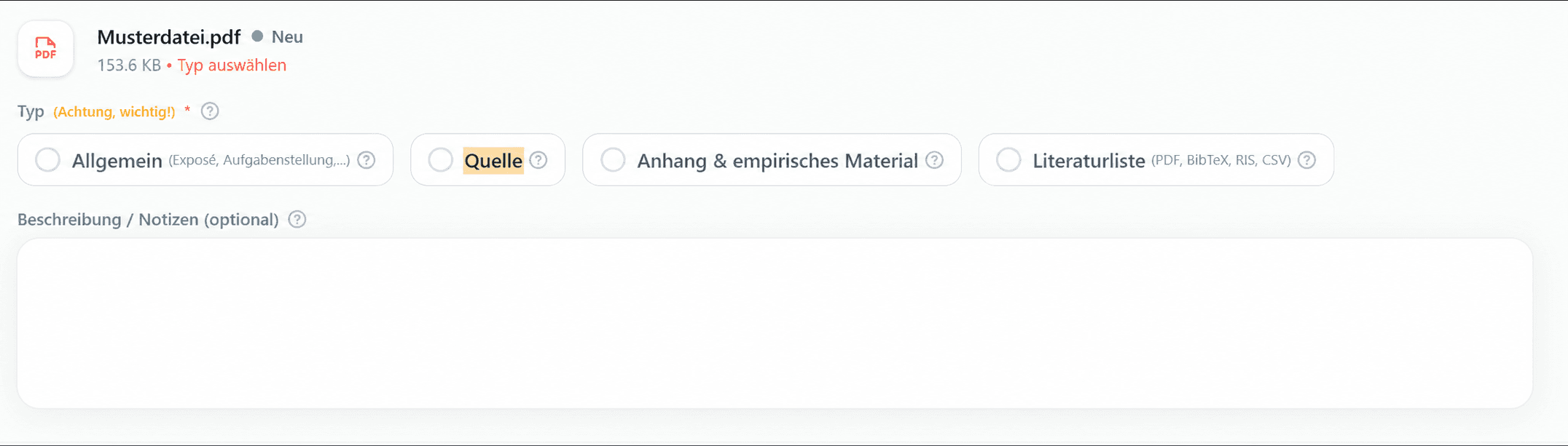 Screenshot im Datei-Upload mit markiertem Dateityp Quelle