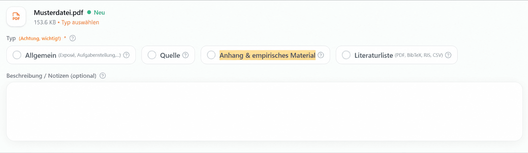 Screenshot im Datei-Upload mit markiertem Dateityp Anhang und empirisches Material