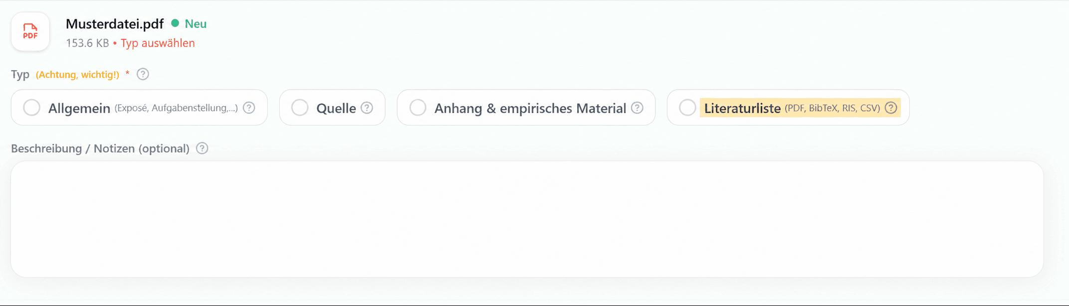 Screenshot im Datei-Upload mit markiertem Dateityp Literaturliste