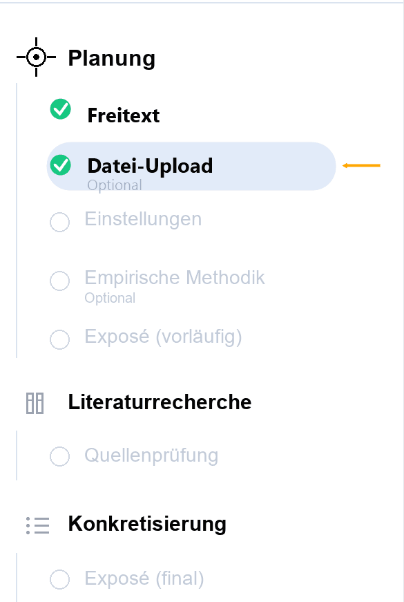 Navigation des StudyTexter-Workflows mit Markierung auf Datei-Upload