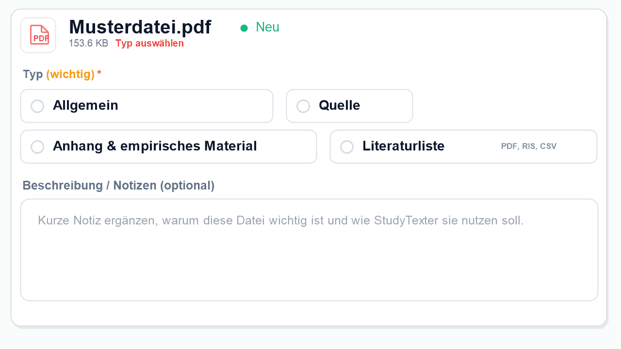 StudyTexter Datei-Upload mit den Typen Allgemein, Quelle, Anhang und Literaturliste