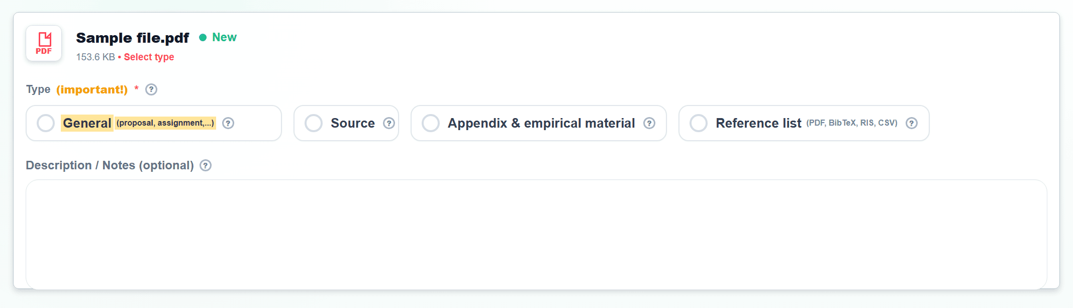 Screenshot in File upload with the General type highlighted