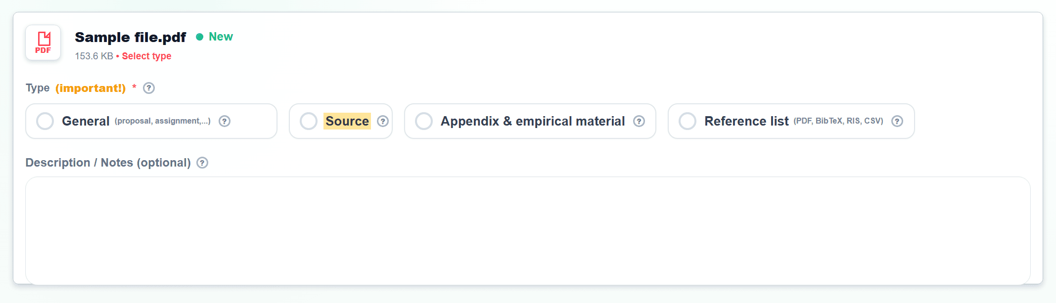 Screenshot in File upload with the Source type highlighted