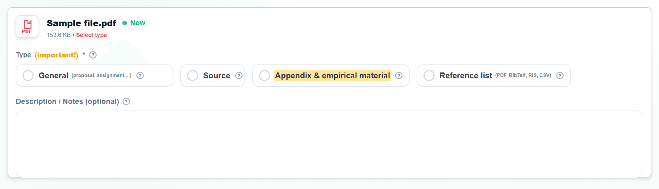 Screenshot in File upload with Appendix & Empirical Material highlighted