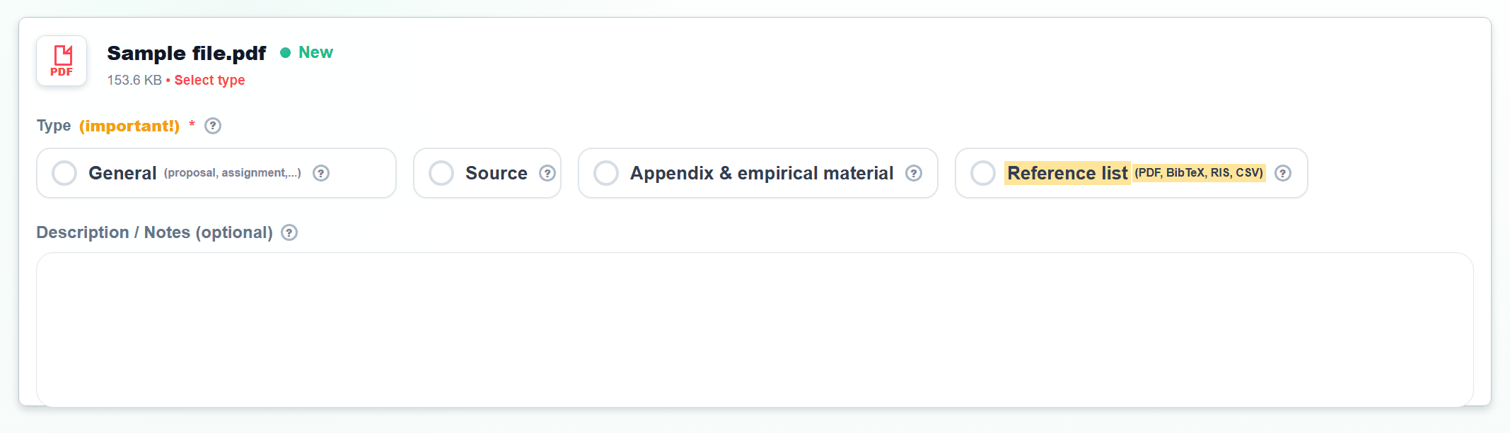 Screenshot in File upload with Reference list highlighted