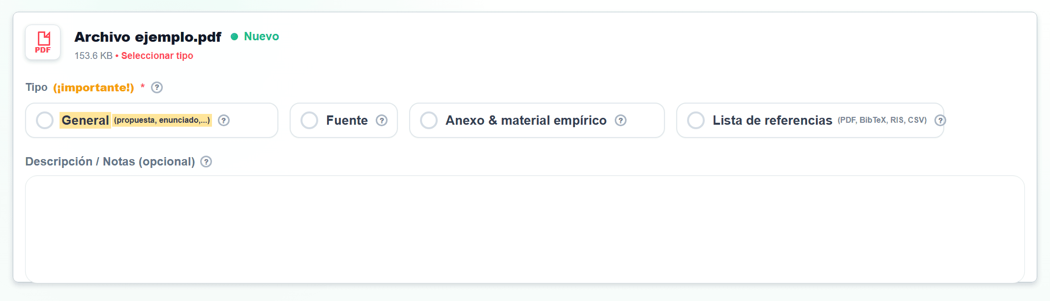 Captura de pantalla en Carga de ficheros con el tipo General marcado