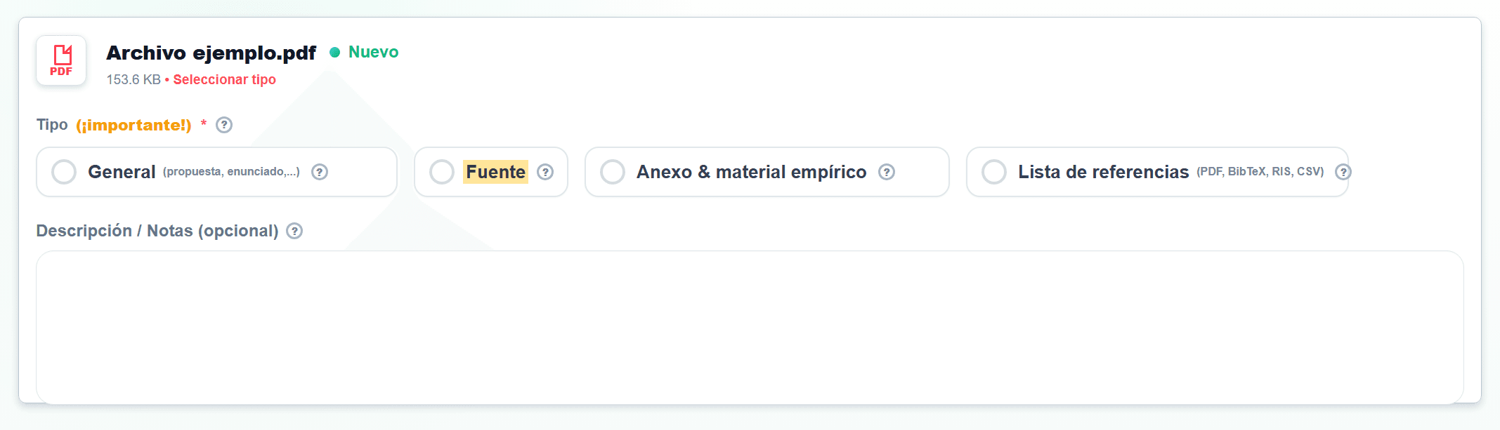 Captura de pantalla en Carga de ficheros con el tipo Fuente marcado