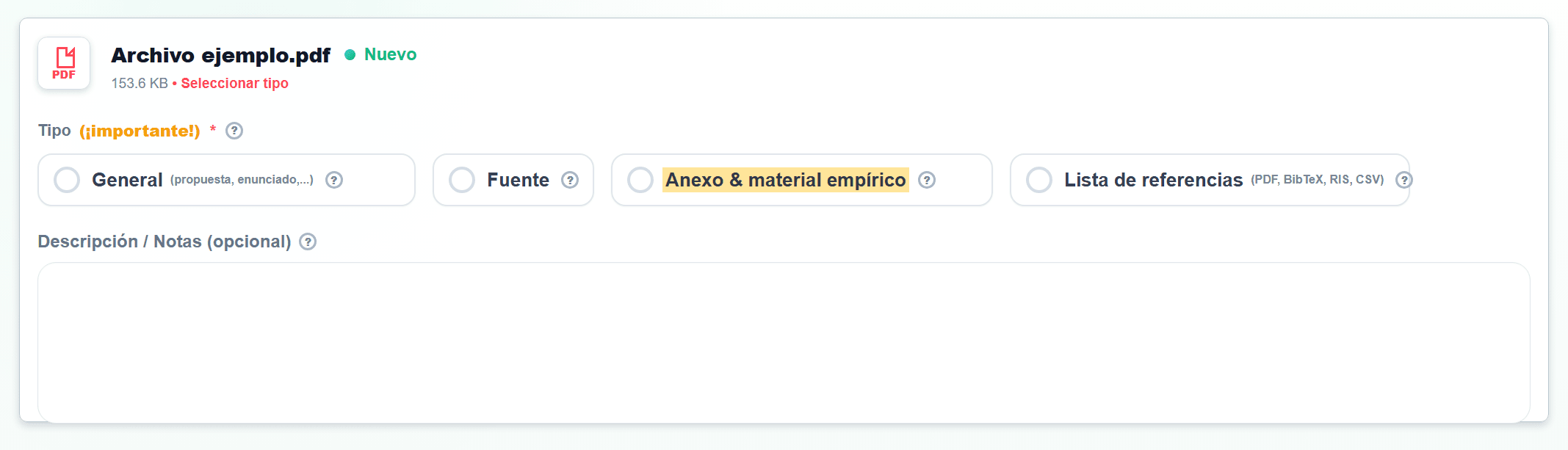 Captura de pantalla en Carga de ficheros con Anexo & material empírico marcado