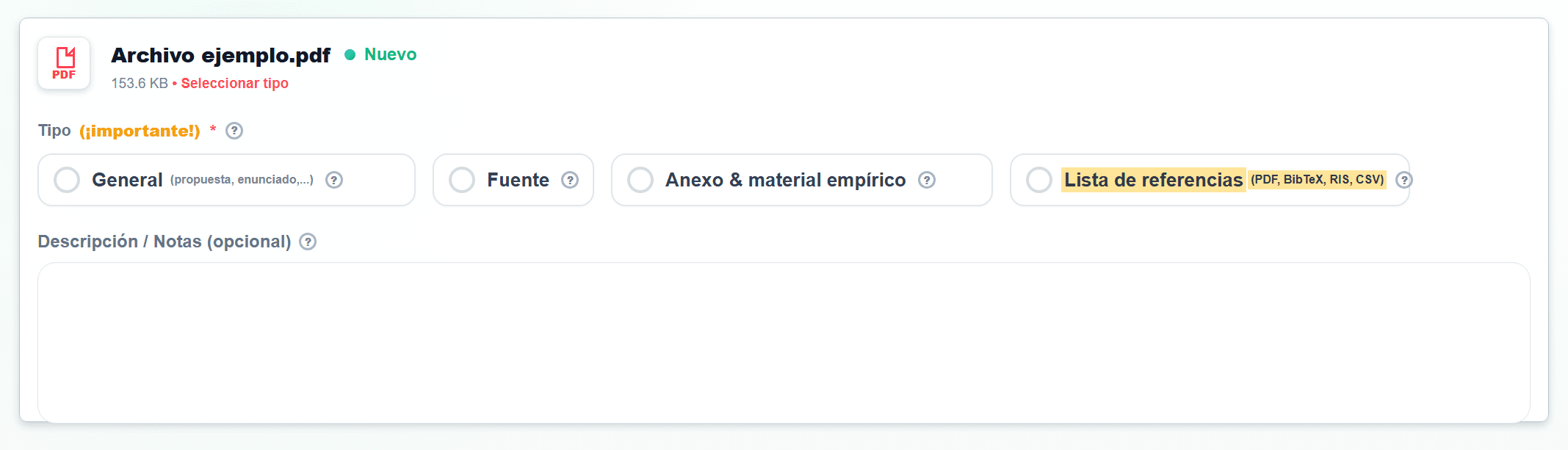 Captura de pantalla en Carga de ficheros con Lista de referencias marcada