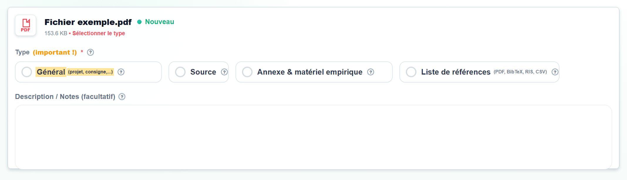 Capture d'écran dans Import de fichiers avec le type Général sélectionné