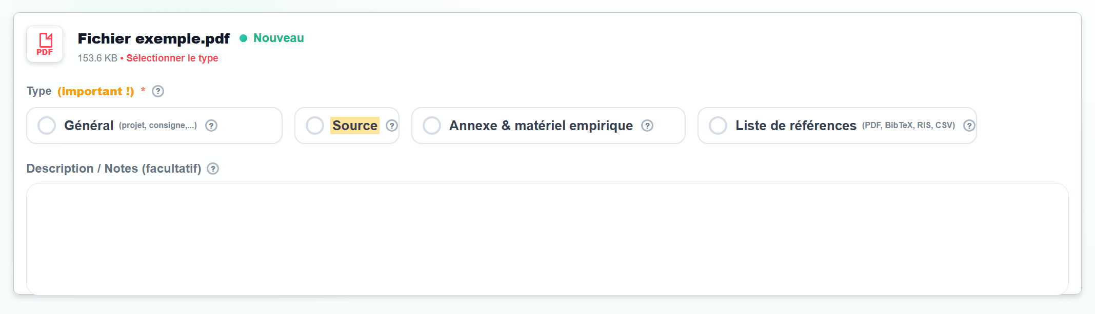 Capture d'écran dans Import de fichiers avec le type Source sélectionné