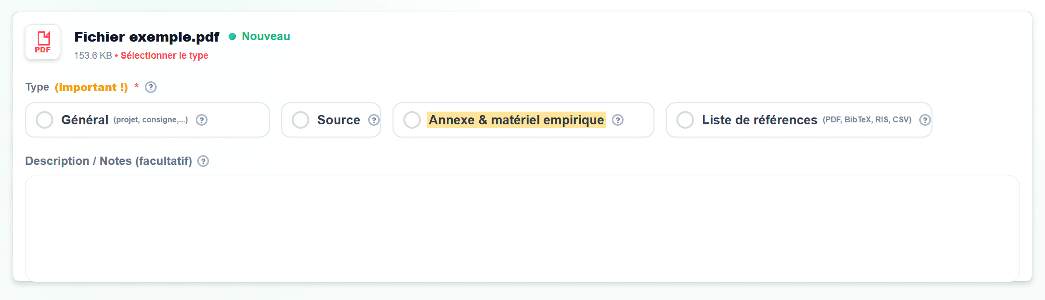 Capture d'écran dans Import de fichiers avec Annexe & matériel empirique sélectionné