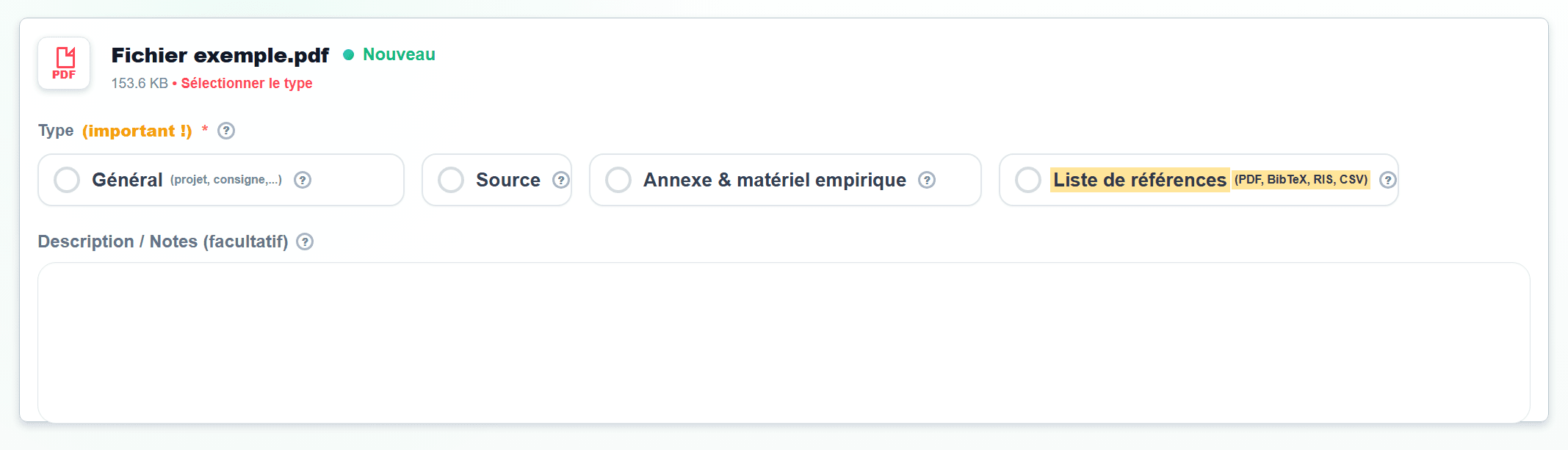 Capture d'écran dans Import de fichiers avec Liste de références sélectionné
