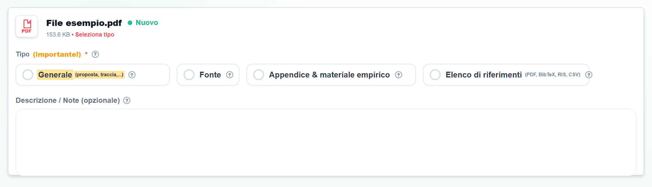 Screenshot in Caricamento file con il tipo Generale evidenziato