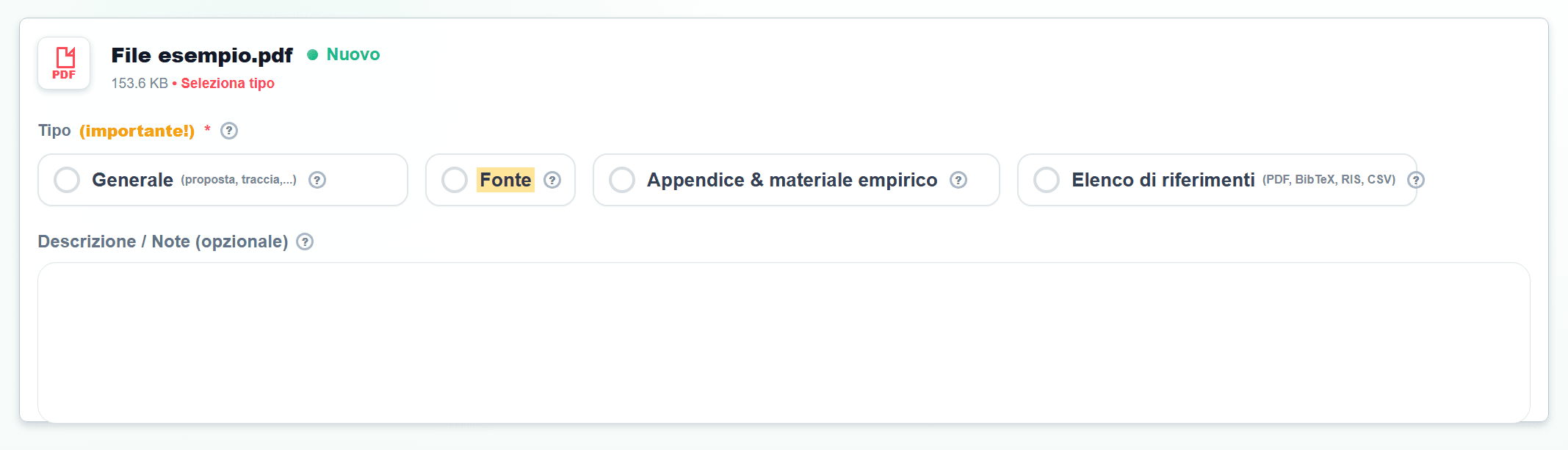 Screenshot in Caricamento file con il tipo Fonte evidenziato