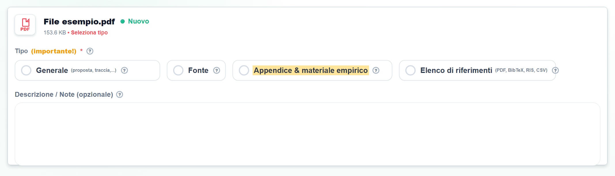 Screenshot in Caricamento file con Appendice & materiale empirico evidenziato