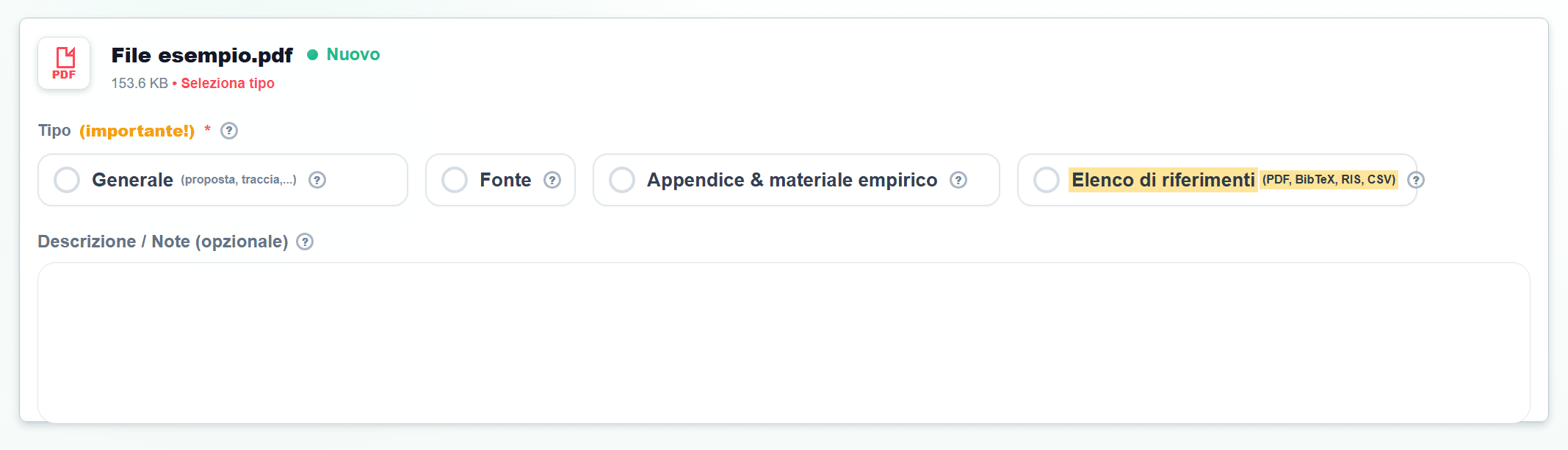 Screenshot in Caricamento file con Elenco di riferimenti evidenziato