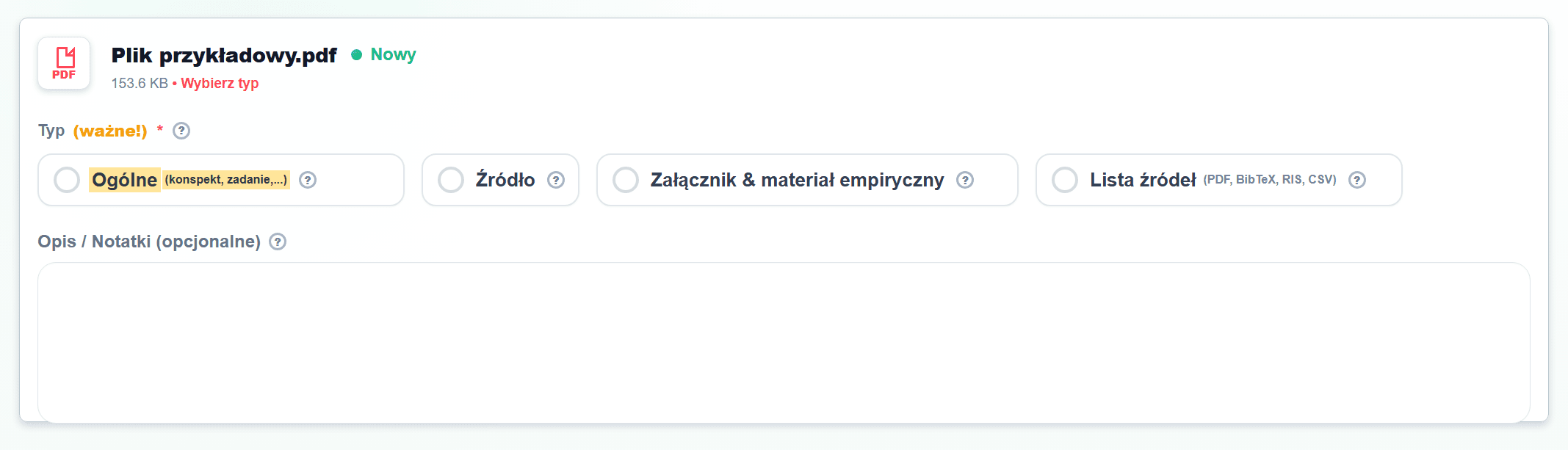 Zrzut ekranu w kroku Dodaj pliki z zaznaczonym typem Ogólne