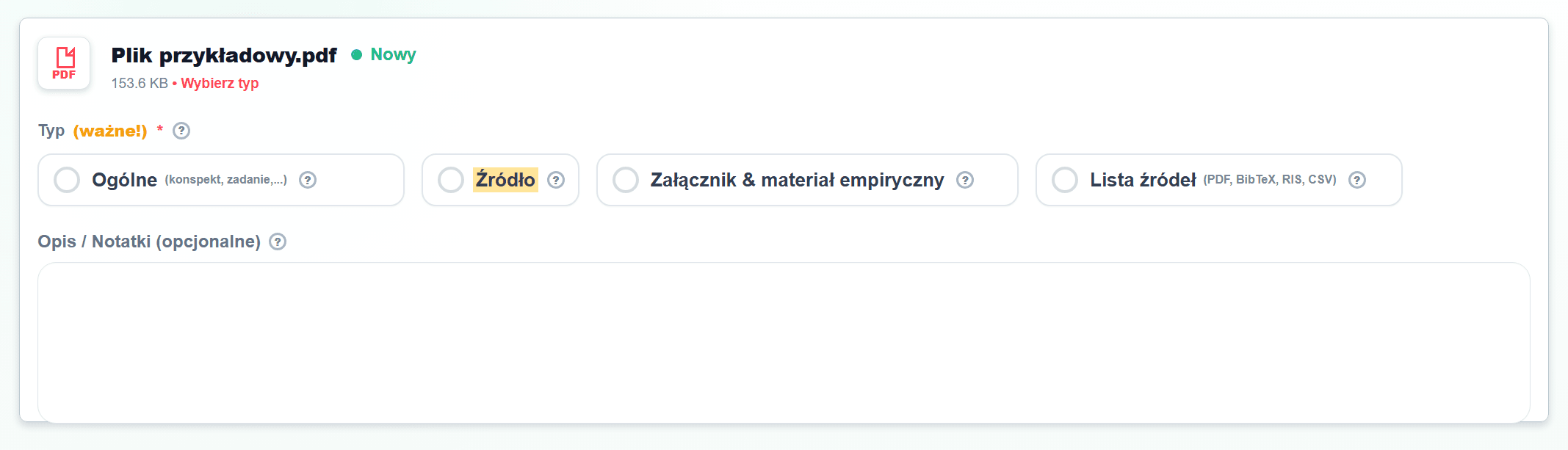 Zrzut ekranu w kroku Dodaj pliki z zaznaczonym typem Źródło