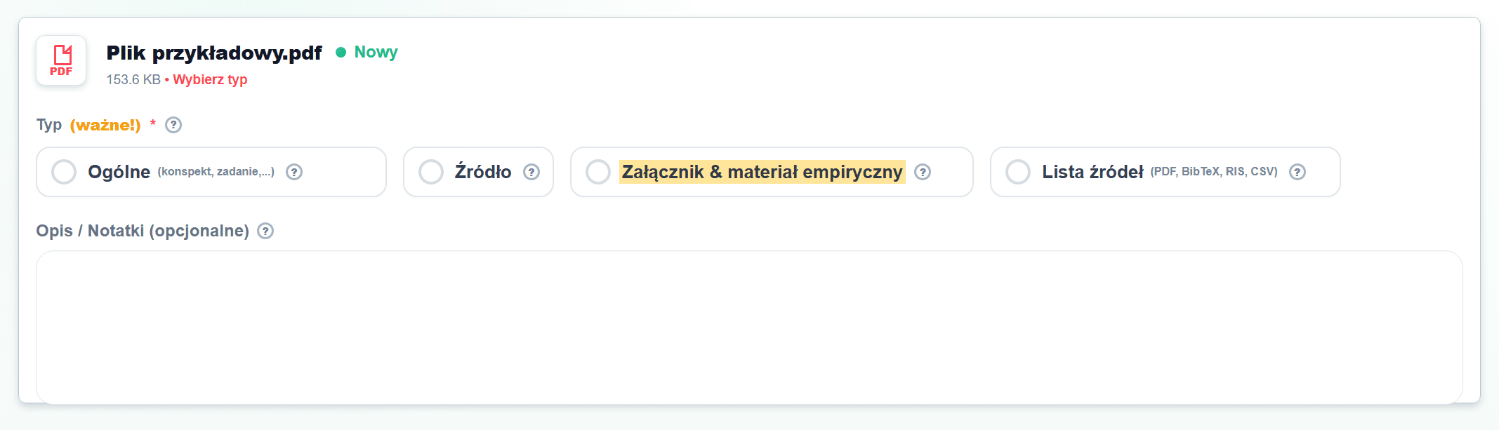 Zrzut ekranu w kroku Dodaj pliki z zaznaczonym typem Załącznik