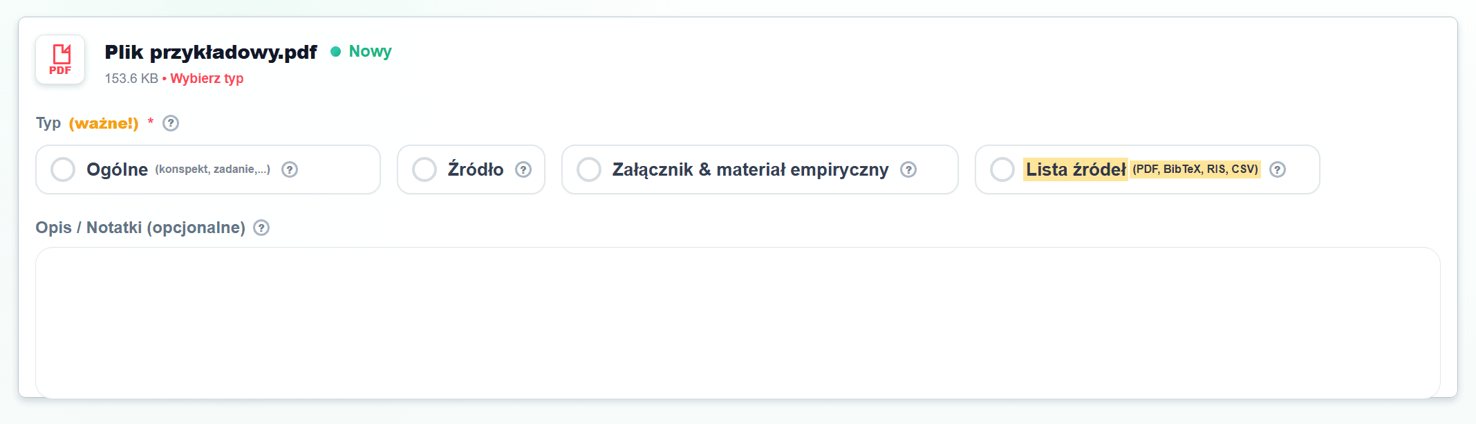 Zrzut ekranu w kroku Dodaj pliki z zaznaczoną Listą źródeł