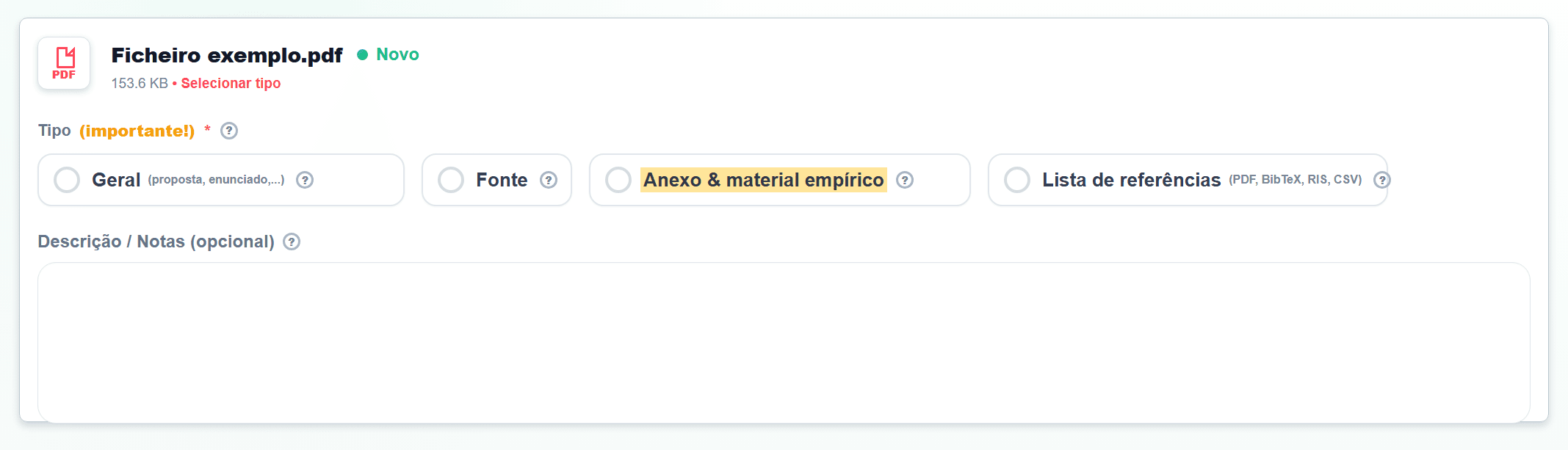 Captura de ecrã em Carregar ficheiros com Anexo & material empírico assinalado
