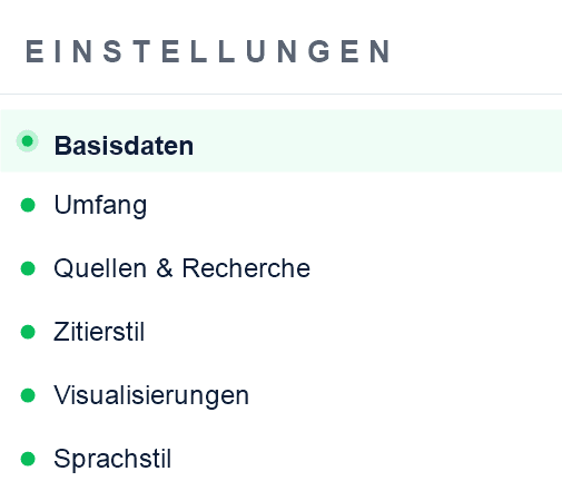StudyTexter Einstellungen mit Basisdaten, Umfang, Quellen, Zitierstil, Visualisierungen und Sprachstil
