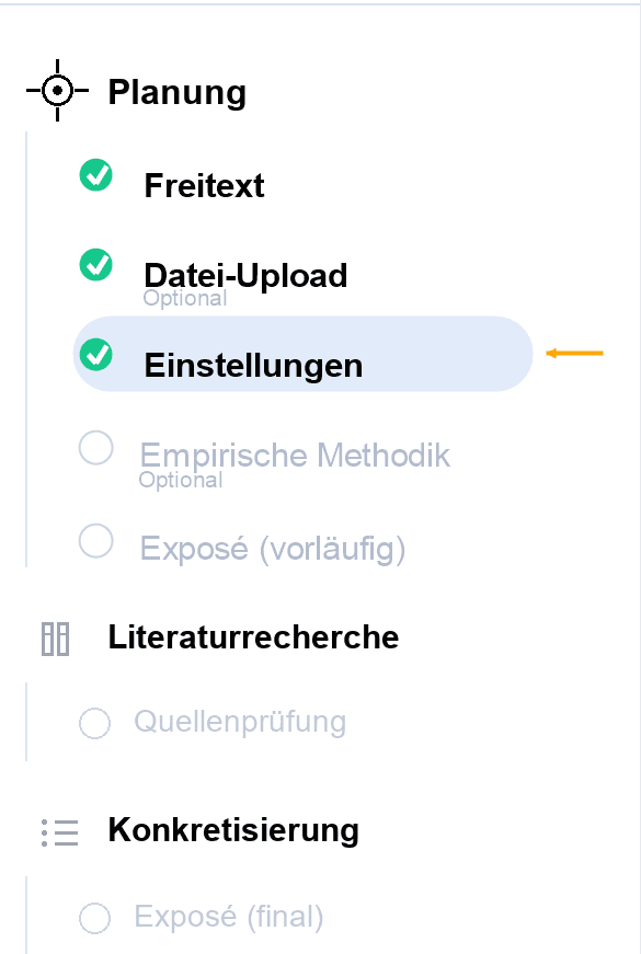 Navigation des StudyTexter-Workflows mit Markierung auf Einstellungen