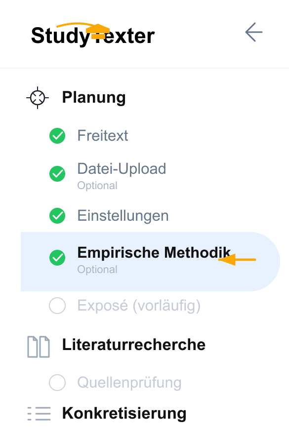 Navigation des StudyTexter-Workflows mit Markierung auf Empirische Methodik