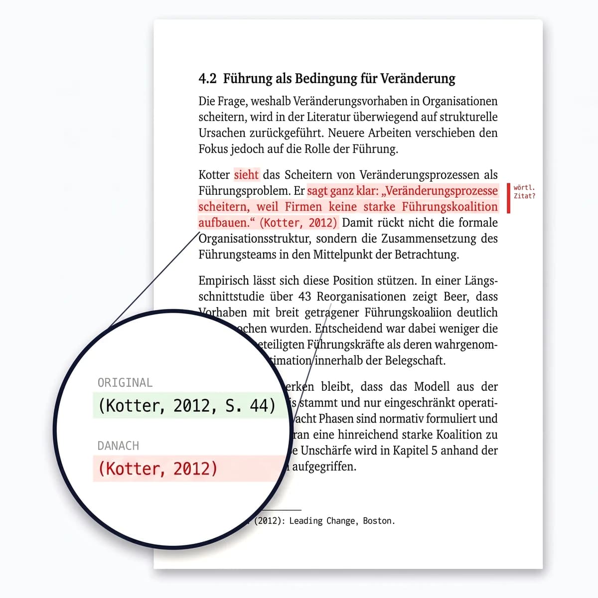 Lupe auf einer Textstelle: Im Original steht (Kotter, 2012, S. 44), nach der Bearbeitung fehlt die Seitenzahl.