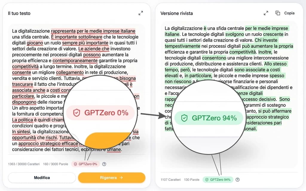 Prima e dopo nell’Humanizer di StudyTexter: a sinistra un testo con GPTZero allo 0 %, a destra la versione rivista con GPTZero al 94 %.