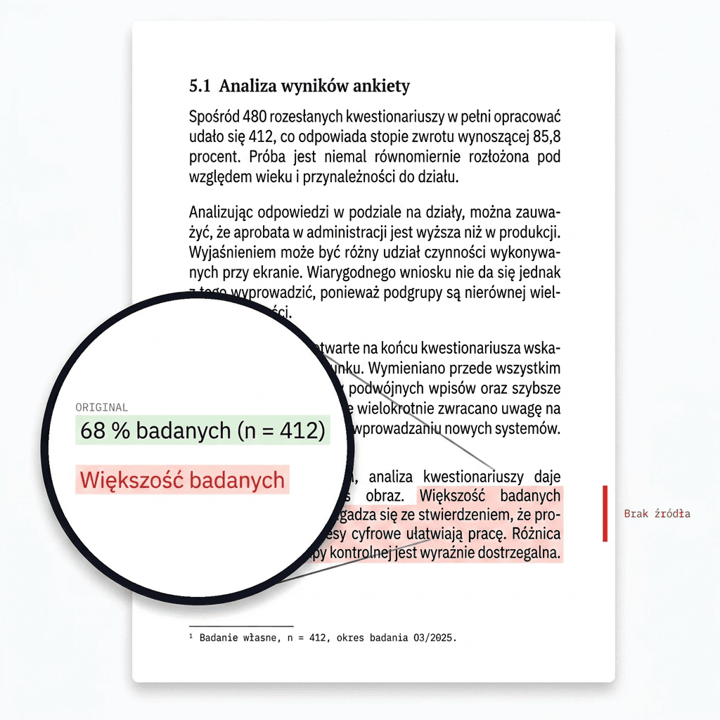 Strona pracy zaliczeniowej: z „68% respondentów (n = 412)” po humanizerze zrobiło się „większość respondentów” — lupa pokazuje, że zniknęły wartość procentowa, próba i poziom istotności.