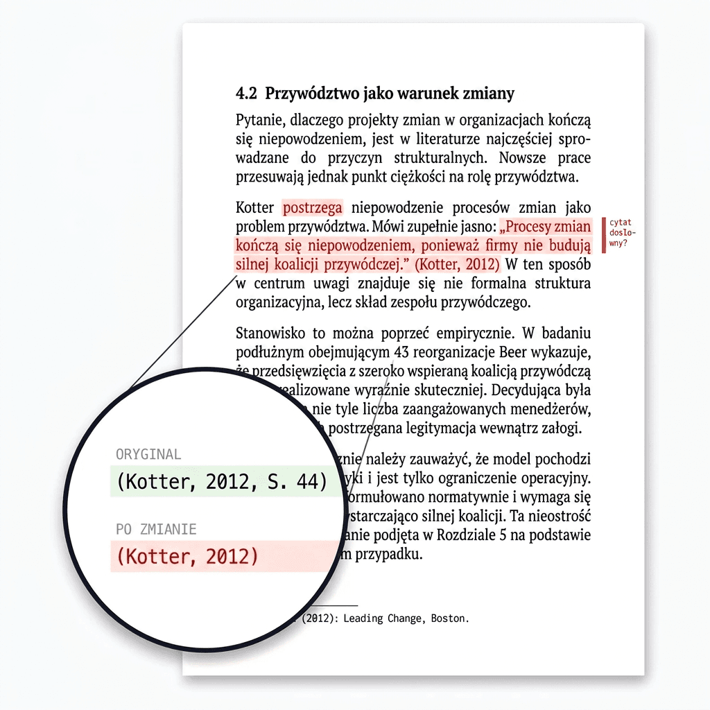 Lupa na fragmencie tekstu: w oryginale widnieje (Kotter, 2012, s. 44), a po edycji brakuje numeru strony.