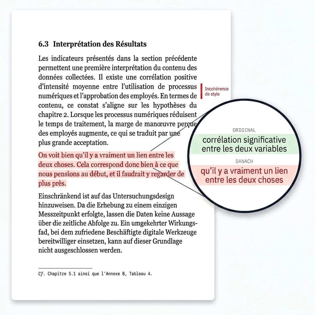 Page d'un travail universitaire : « relation significative entre les deux variables » est devenue, après l'humaniseur, « un vrai lien entre les deux trucs » ; la note en marge signale la rupture de style.