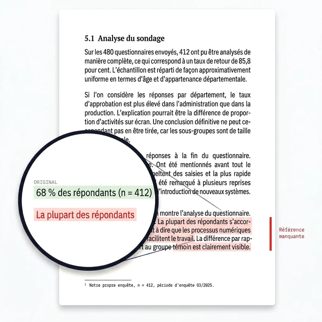Page d'un travail universitaire : « 68 % des personnes interrogées (n = 412) » est devenue, après l'humaniseur, « la plupart des personnes interrogées » ; la loupe montre que le pourcentage, l'échantillon et le seuil de significativité ont disparu.