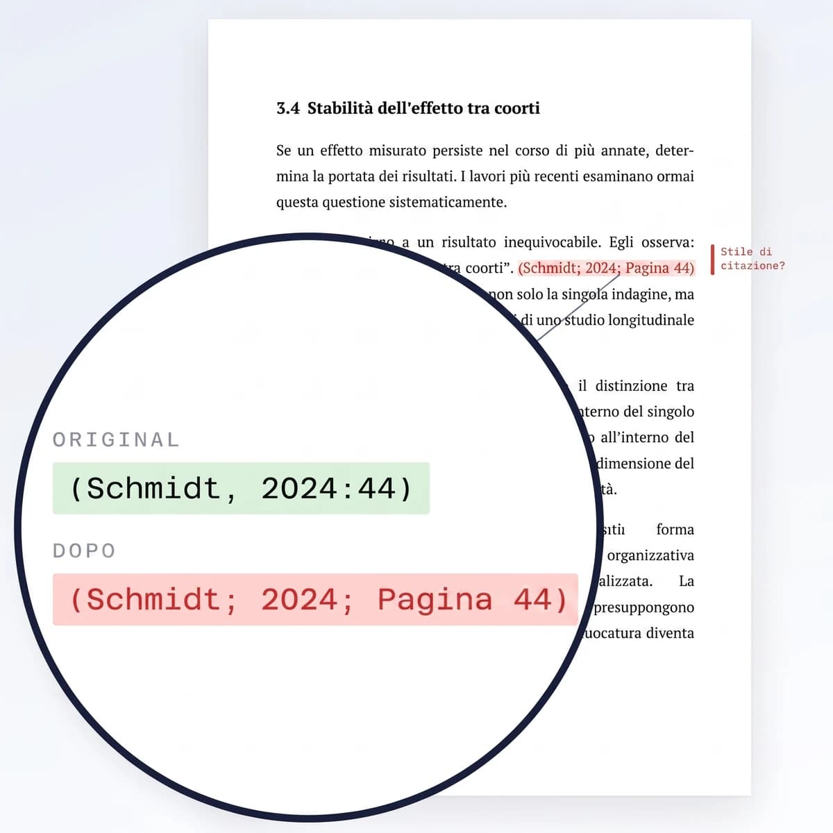 Pagina di un lavoro accademico: la citazione letterale resta intatta, ma la lente mostra che il riferimento (Schmidt, 2024:44) è diventato (Schmidt; 2024; pagina 44) dopo la revisione.