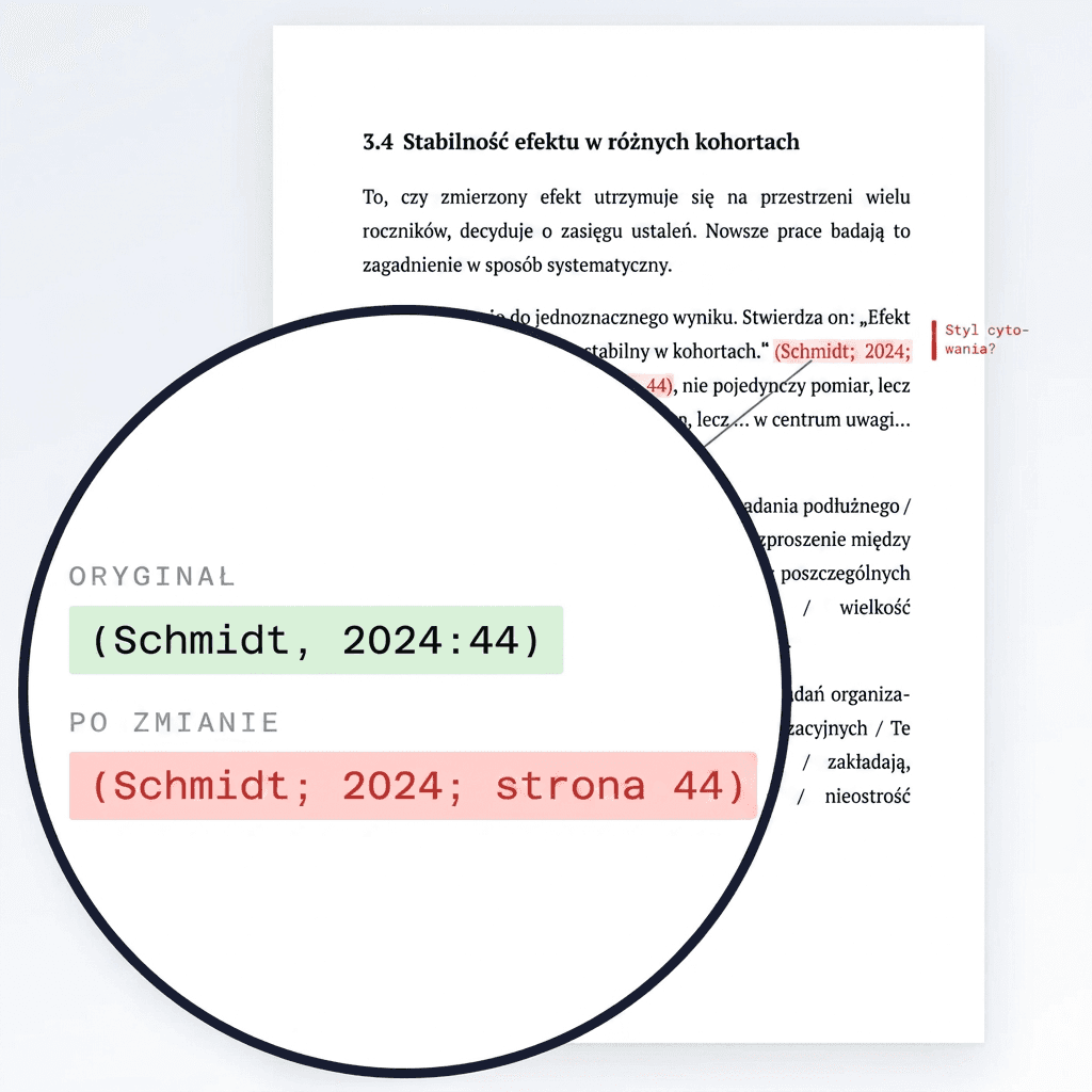 Strona pracy zaliczeniowej: dosłowne brzmienie cytatu stoi bez zmian, ale lupa pokazuje, że z przypisu (Schmidt, 2024:44) po edycji zrobiło się (Schmidt; 2024; strona 44).